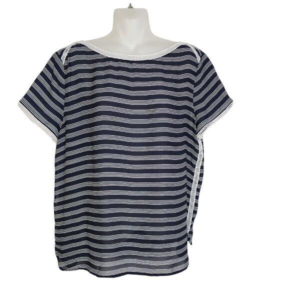 Ann Taylor LOFT Womens Top Medium Sheer White Navy Stripe Lace Trim Short Sleeve - Picture 1 of 10